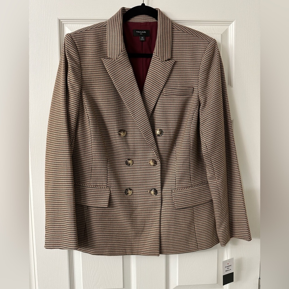 Tahari ASL Women’s Houndstooth Double Breasted Blazer Camel/Wine/Black Sz 14